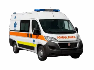 Ambulanza bianca e arancione vista laterale