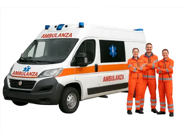 Ambulanza e paramedici in divisa arancione