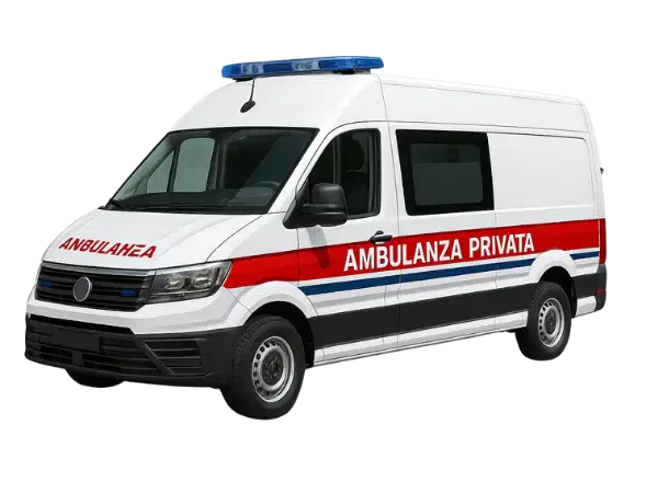 Ambulanza privata bianca con strisce rosse e blu.